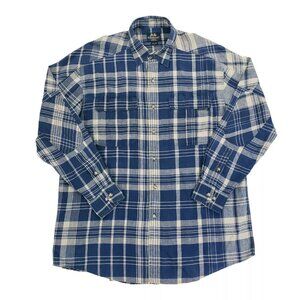 Willis & Geiger Plaid Button Up Shirt Elbow Patch Mens Size Large Blue Beige